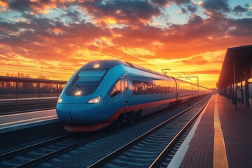Naklejka premium Modern high-speed train arriving at a railway station during sunset, creating a vibrant scene of transportation and travel, highlighting the beauty of evening light against the dramatic sky
