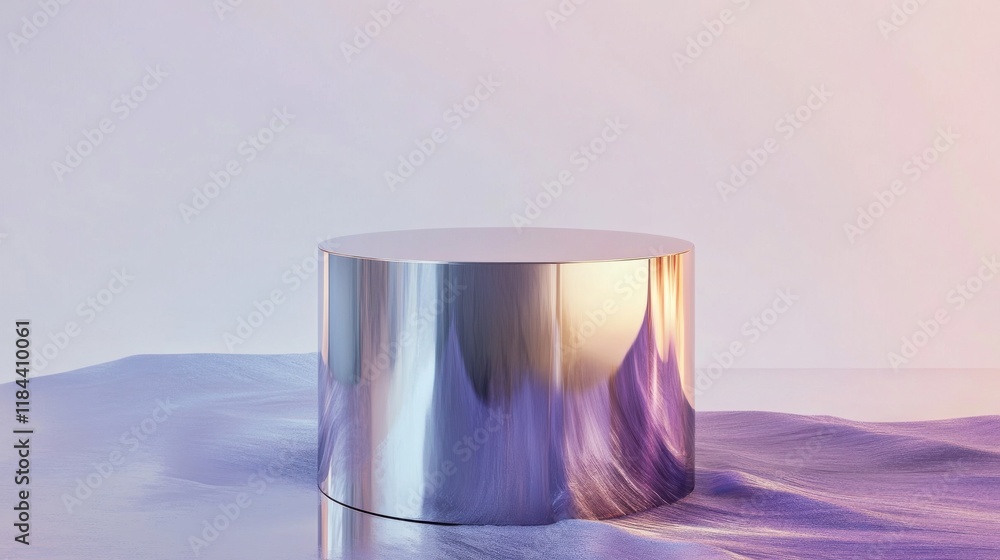 Poster metallic cylinder display with abstract gradient reflections for creative backgrounds