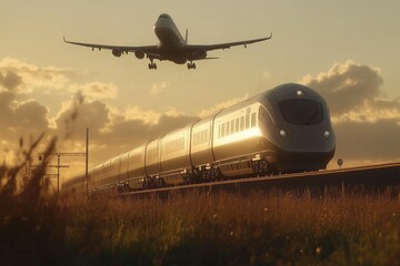 High speed train traveling on railway at sunset with airplane flying above, showcasing modern transportation and logistics in a scenic landscape