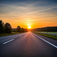 Obraz premium sunset on the highway. beautiful sun rising sky with asphalt highways road in rural.