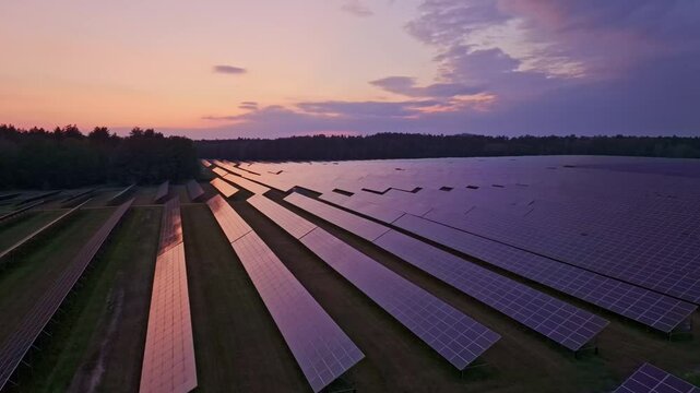 Aerial view of solar farm at sunset with solar panels in a modern landscape, Melnik, Czech Republic.