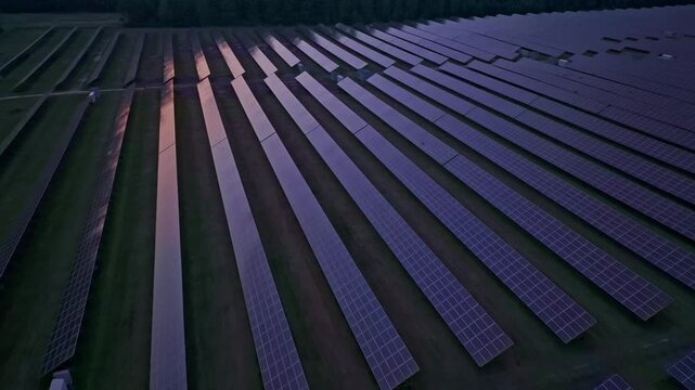 Aerial view of solar farm at sunset with beautiful rows of solar panels, Melnik, Czech Republic.
