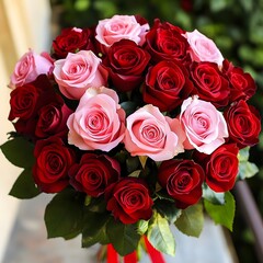 Obraz premium A stunning bouquet of red and pink roses, symbolizing adoration and the beauty of romance.