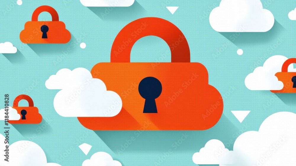 Poster secure cloud computing and digital asset protection concept with lock icons in minimal flat design