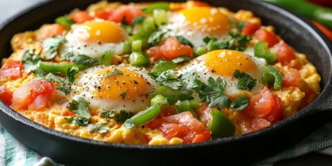 Delight in the rich flavors of Turkish style menemen, featuring scrambled eggs mixed with chopped onions, fresh tomatoes, and sliced green peppers, perfect for breakfast or a hearty meal.