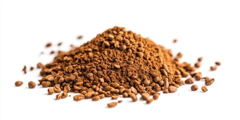 Close up of natural instant coffee showcasing its rich texture and flavor against a white background, emphasizing the allure of natural instant coffee in every detail.