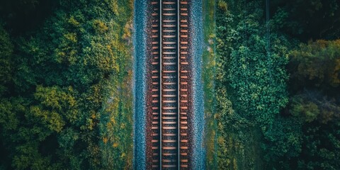 A detailed view from above of railway tracks shows them closely, highlighting their structure and position within the surrounding environment.