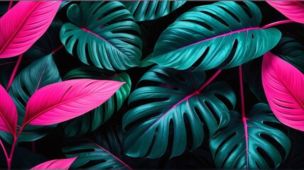 Vibrant Pink and Teal Tropical Leaves: A Lush, Exotic Botanical Artwork