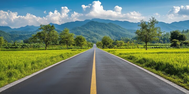 Fertilizers are applied across an asphalt road situated in a rural area, emphasizing the agricultural practice of enhancing soil quality even in remote locations.