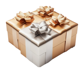 Elegant gold and silver gift box with ribbon for celebrations studio setup high fidelity close-up view isolated on transparent background png