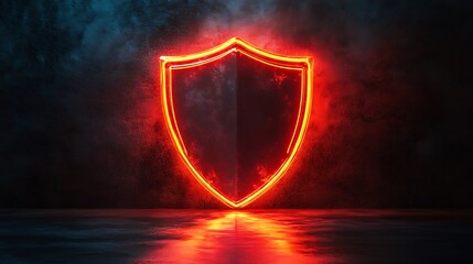 glowing neon shield illuminates a dark, industrial space