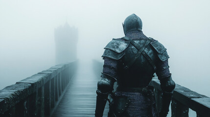 Naklejka premium A knight standing on a cliff at the edge of the world, staring into the infinite void, his sword resting on the ground before him, the wind howling.