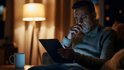 Middle aged tensed Indian man working on a tablet at night. Frustrated man looking at the loss 
