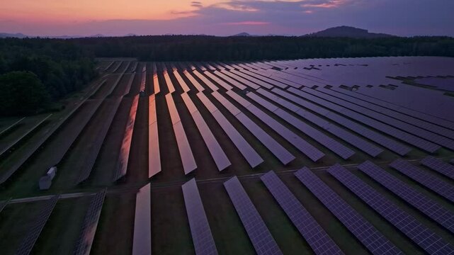 Aerial view of solar farm at sunset with solar panels and modern technology, Melnik, Czech Republic.