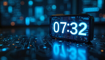 Futuristic glowing digital clock in neon blue light on a dark, sleek, and slightly blurred tech background with bokeh and sparkling particles, with copy space on the left