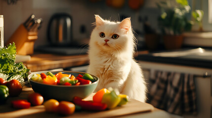 A fluffy white cat sitting on a wooden stool by the kitchen island, watching intently as a bowl of colorful vegetables is being chopped on a cutting board 