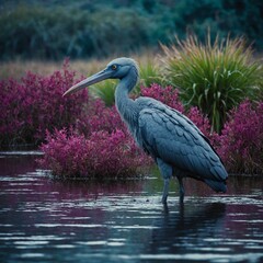 A shoebill stork in a surreal marsh with vivid purple and teal plants.