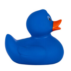 Classic blue rubber duck with orange beak facing side. Isolated cutout on a transparent background.