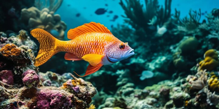 A hogfish gracefully swims around a vibrant tropical reef. Known for its unique behavior, the hogfish often digs in the sand for food, while facing predation largely from humans who enjoy its taste.