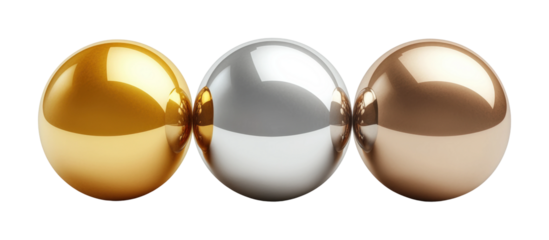 Gold silver and bronze sphere balls icon high fidelity studio environment close-up view isolated on transparent background png