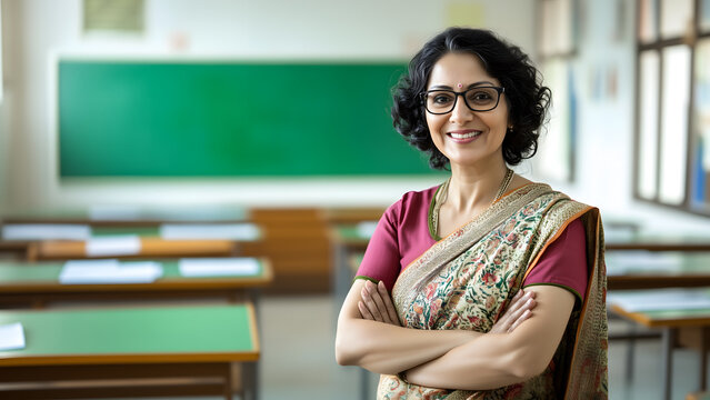 Indian lady teacher in saree crossed arms. Confident and professional traditional Indian woman standing in a classroom