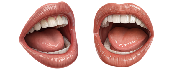 Glossy red lips mouth set bundle and shiny teeth dental care vector illustration, isolated on transparent PNG, dentistry banners, social media posts, posters, doctor promotions, beauty art, health 