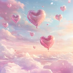 A whimsical scene of adoration, hearts floating like balloons in a dreamy pink sky.