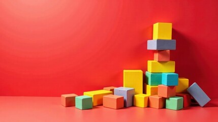 Obraz premium Colorful Wooden Blocks Arranged in a Creative Composition Against a Vibrant Red Background