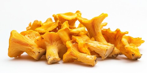 Fresh yellow chanterelle mushrooms displayed in isolation on a white background, highlighting the vibrant colors and unique texture of fresh yellow chanterelle for culinary inspiration.
