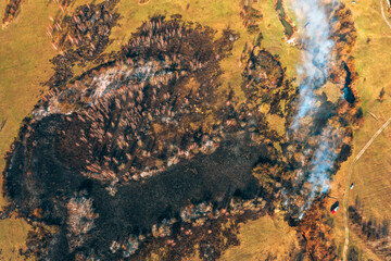 Concept Of Save Nature. Nature In Danger. Wild Open Fire Destroys Grass. Natural Disaster. Aerial View Of Dry Grass Burns During Drought And Hot Weather. Bush Fire And Smoke In Meadow Field