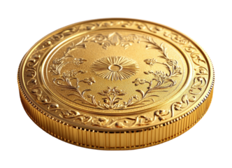 Golden coin with bitcoin design close-up studio background high fidelity focus on cryptocurrency concept isolated on transparent background png