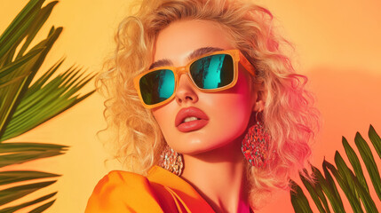 Vibrant young Caucasian woman in trendy sunglasses and tropical setting