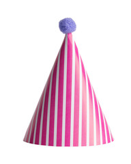 Classic pink with white stripes party hat and lilac purple pompom standing. Isolated cutout on a...