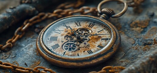 Antique pocket watch with chain on rusty surface.