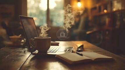 Cozy Coffee Shop Atmosphere: Laptop, Notebook, and Steaming Mug