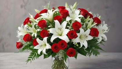 A bouquet of red roses with white lily and carnation, aromatic, perfumed
