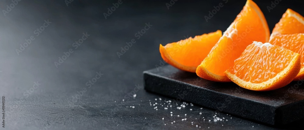 Poster a close up of a black table with a few slices of orange on it