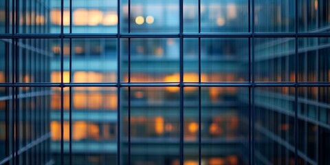 Obraz premium Blurred office building seen through a fence enhances the mysterious allure of the office building, creating an intriguing perspective on the modern architecture of the office building.