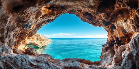 View from within a cave overlooking the sea, showcasing the unique perspective and tranquil scene of the cave and the surrounding seascape, emphasizing the beauty of this cave setting.