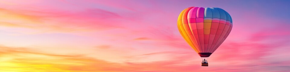 Fototapeta premium Pastel heart shaped hot air balloon floats above a breathtaking sunset landscape