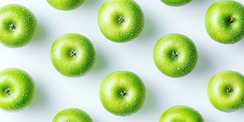 Fresh green apple fruits on a clean white background, showcasing vibrant green apple fruits that emphasize their freshness and appeal in this simple yet striking composition.