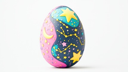 A colorful, hand-painted egg featuring whimsical designs of stars, moons, and constellations against a vibrant background.