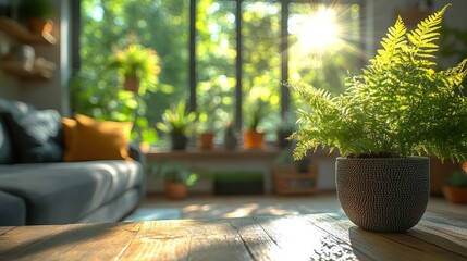 Obraz premium Sunlit fern in pot on wooden table, living room background.