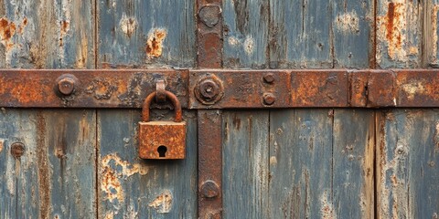 A weathered iron garage door featuring a rusted padlock adds character and charm to any setting, showcasing the beauty of aged materials like the old iron garage door and its rustic elements.