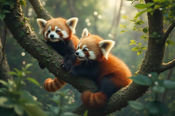 Obraz premium Peaceful Red Pandas Resting Together on Tree Branch in Sunlit Forest