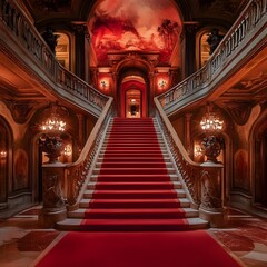Obraz premium Red-carpeted staircase under a radiant chandelier glow.