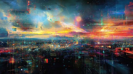Fototapeta premium Futuristic city skyline at sunset with digital network overlays.