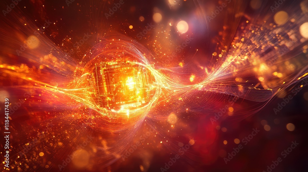 Poster quantum-enhanced ai chip surrounded by light particles, emitting pulsating energy waves