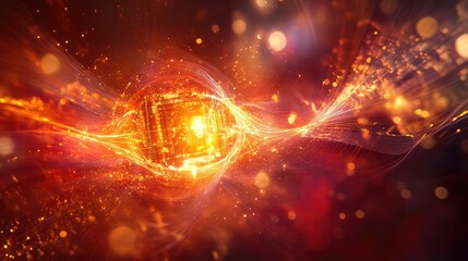 Obraz premium Quantum-enhanced AI chip surrounded by light particles, emitting pulsating energy waves