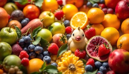 Colorful Fruit and Vegetable Still Life with Cute Duckling - Healthy Eating Concept